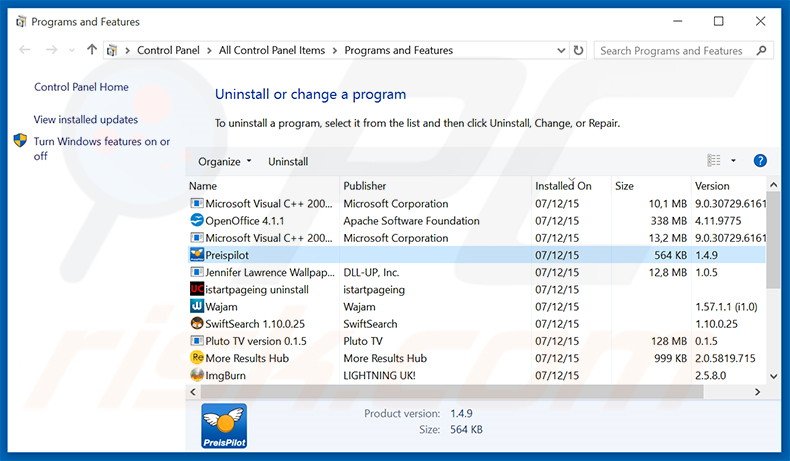 Preispilot adware uninstall via Control Panel