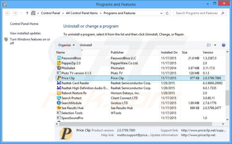 price clip adware uninstall via Control Panel