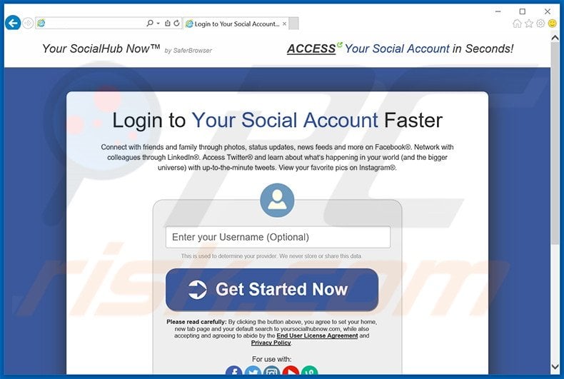 Website used to promote Your Social Hub Now browser hijacker