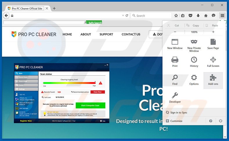 Removing Pro PC Cleaner ads from Mozilla Firefox step 1