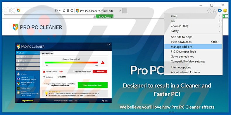 Removing Pro PC Cleaner ads from Internet Explorer step 1