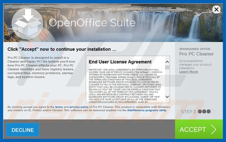 Delusive installer promoting Pro PC Cleaner