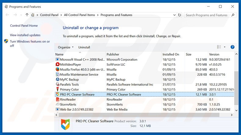 Pro PC Cleaner adware uninstall via Control Panel