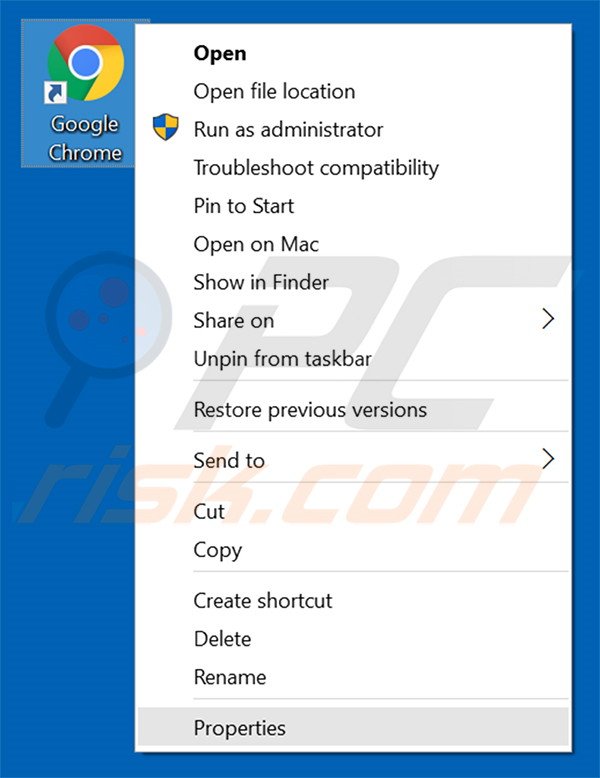 Removing qqovd.com from Google Chrome shortcut target step 1