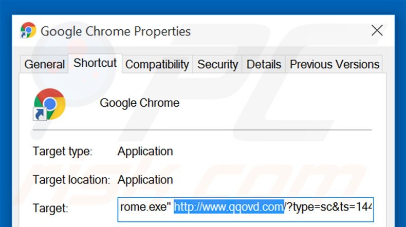 Removing qqovd.com from Google Chrome shortcut target step 2