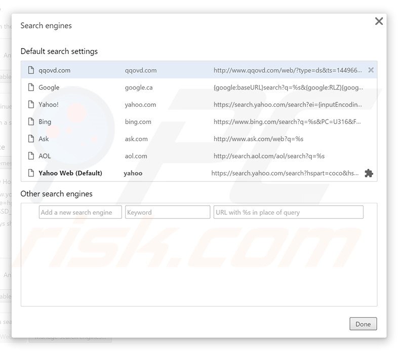 Removing qqovd.com from Google Chrome default search engine