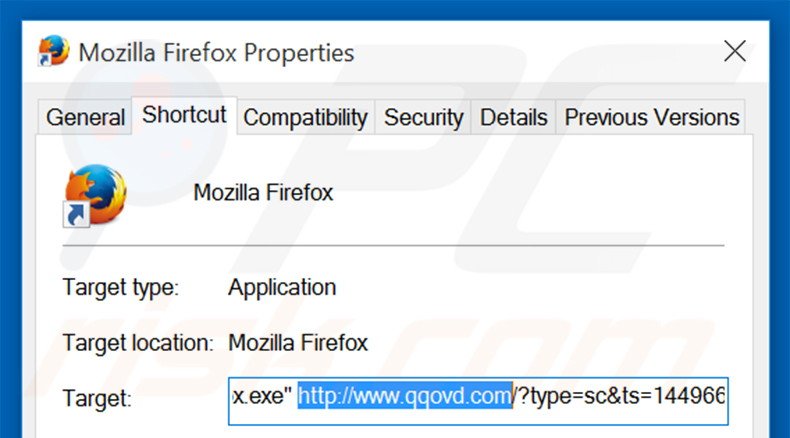 Removing qqovd.com from Mozilla Firefox shortcut target step 2