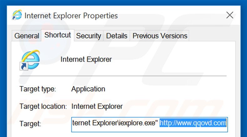 Removing qqovd.com from Internet Explorer shortcut target step 2