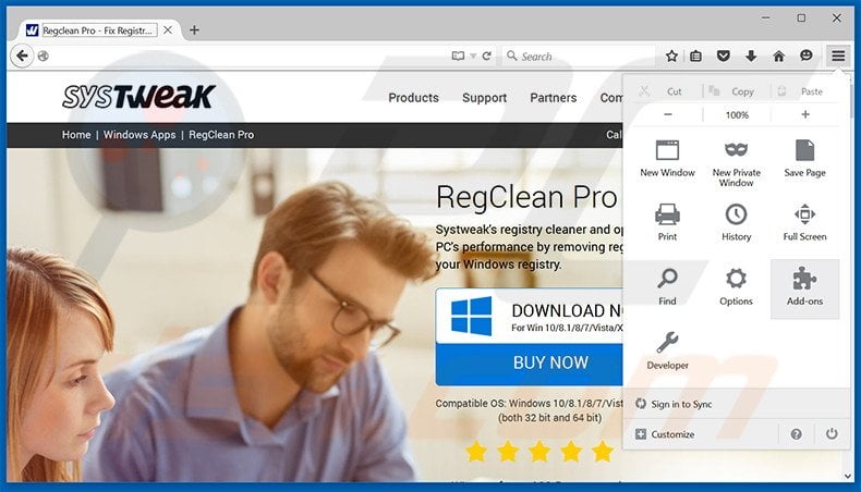 Removing RegClean Pro ads from Mozilla Firefox step 1
