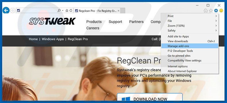 Removing RegClean Pro ads from Internet Explorer step 1