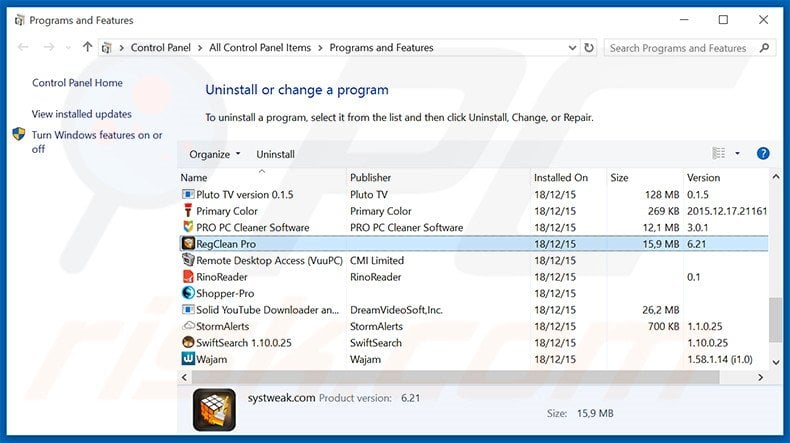 RegClean Pro adware uninstall via Control Panel