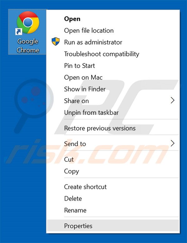 Removing resultforquery.com from Google Chrome shortcut target step 1