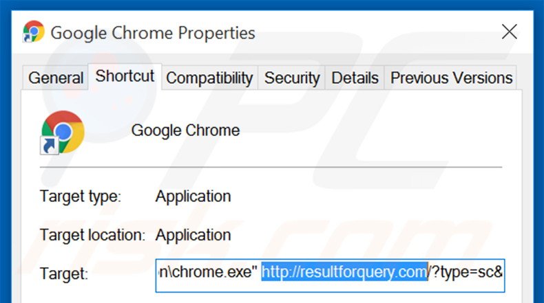 Removing resultforquery.com from Google Chrome shortcut target step 2