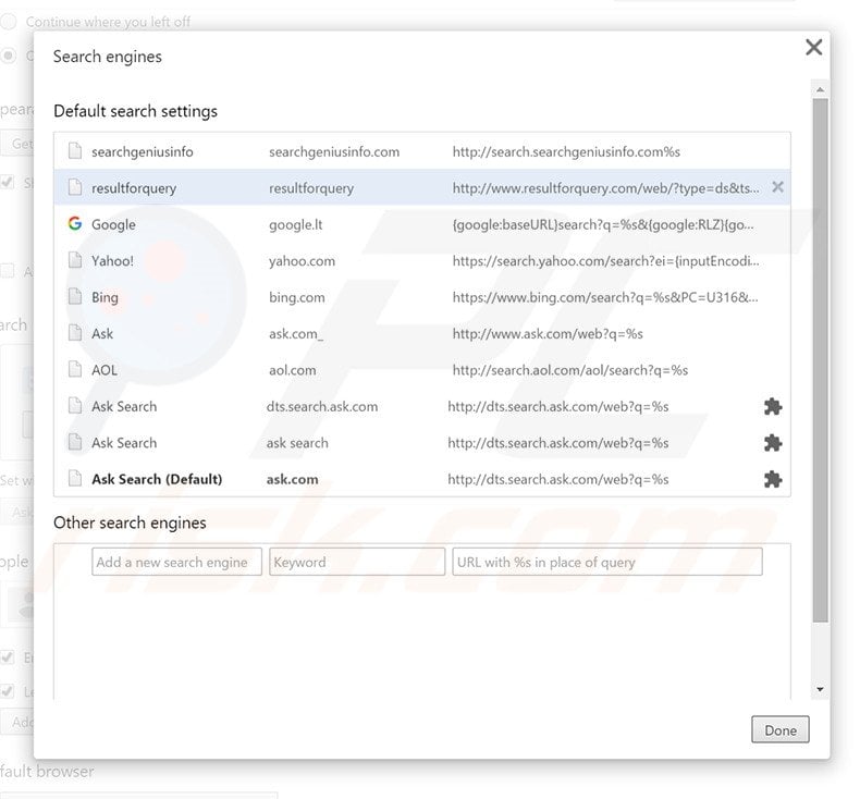 Removing resultforquery.com from Google Chrome default search engine