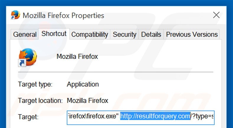 Removing resultforquery.com from Mozilla Firefox shortcut target step 2