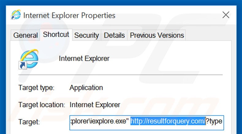 Removing resultforquery.com from Internet Explorer shortcut target step 2