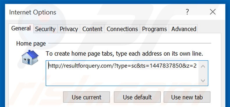 Removing resultforquery.com from Internet Explorer homepage