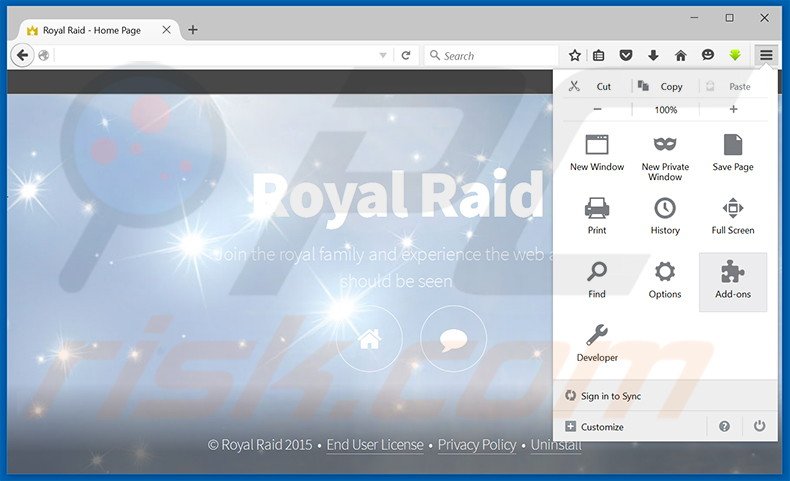 Removing Royal Raid ads from Mozilla Firefox step 1
