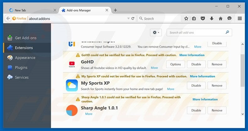 Removing safesidesearch.com related Mozilla Firefox extensions