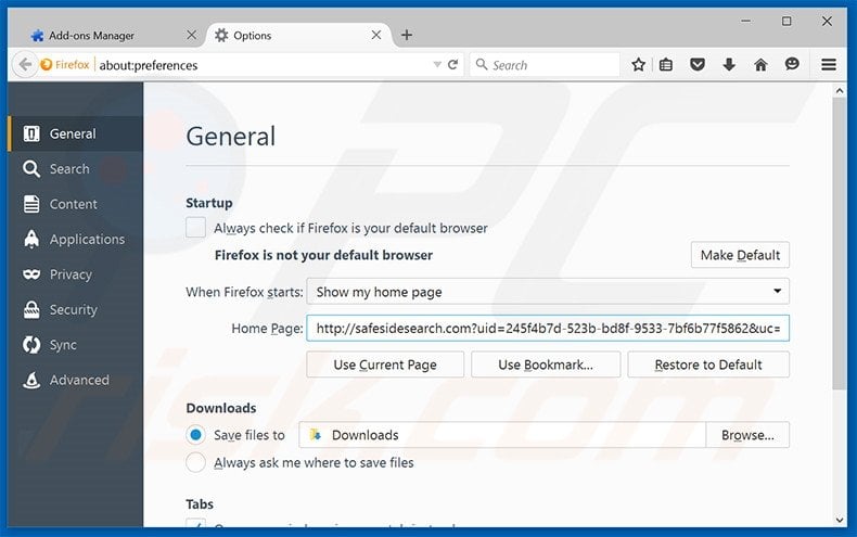 Removing safesidesearch.com from Mozilla Firefox homepage