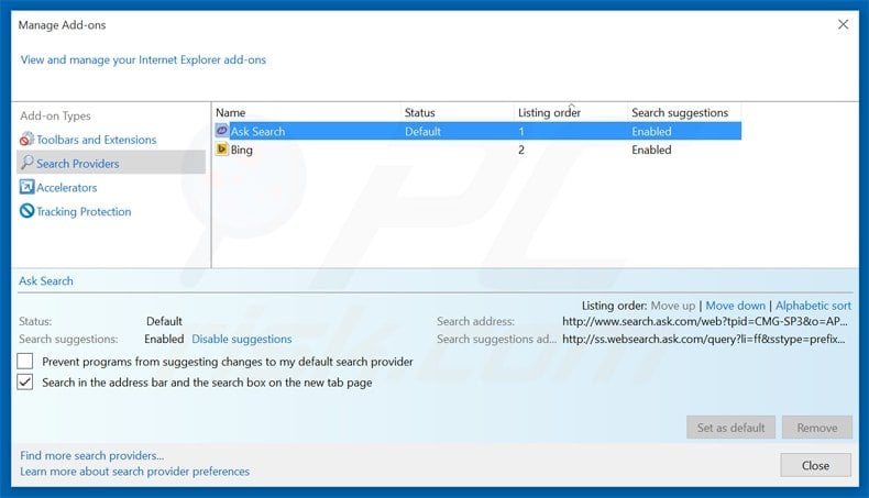 Removing search.ask.com from Internet Explorer default Internet search engine
