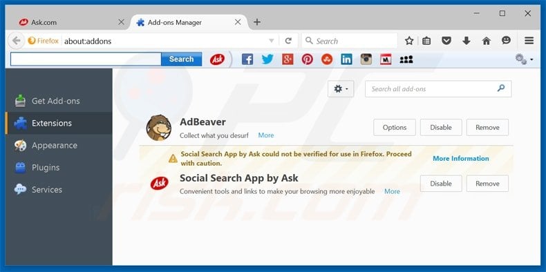 removing search.ask.com related Mozilla Firefox extensions