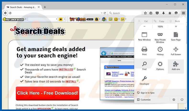 Removing Search Deals ads from Mozilla Firefox step 1
