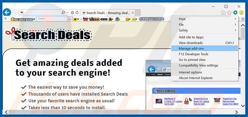 Removing Search Deals ads from Internet Explorer step 1