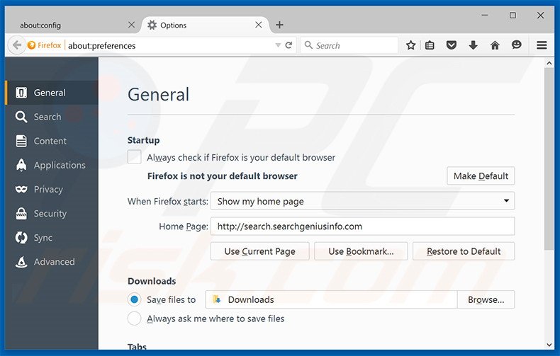 Removing search.searchgeniusinfo.com from Mozilla Firefox homepage