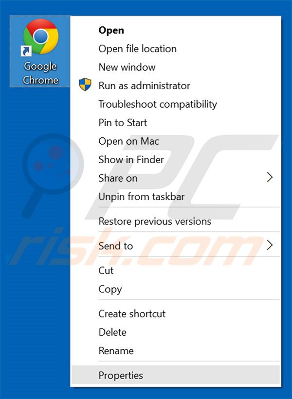 Removing searchomepage.com from Google Chrome shortcut target step 1