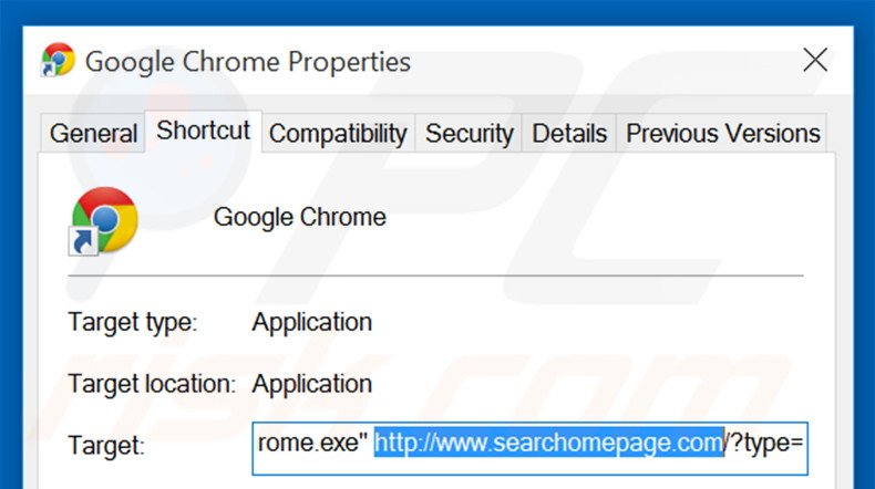 Removing searchomepage.com from Google Chrome shortcut target step 2