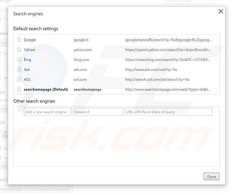 Removing searchomepage.com from Google Chrome default search engine