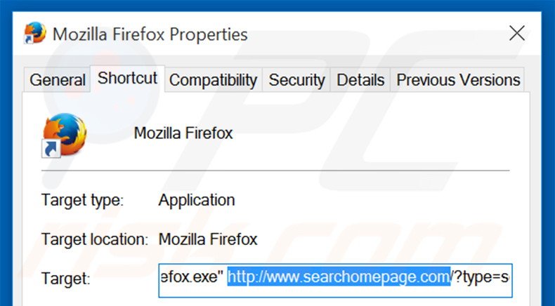 Removing searchomepage.com from Mozilla Firefox shortcut target step 2