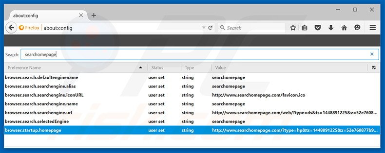 Removing searchomepage.com from Mozilla Firefox default search engine
