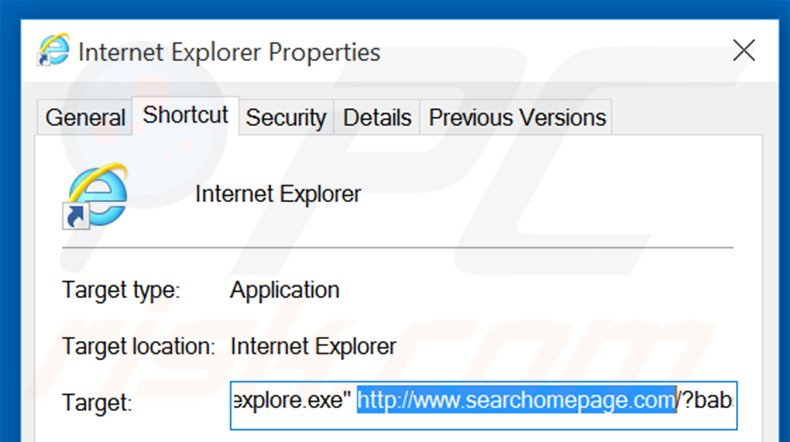 Removing searchomepage.com from Internet Explorer shortcut target step 2