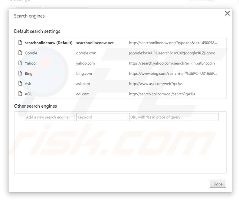 Removing searchonlinenow.net from Google Chrome default search engine