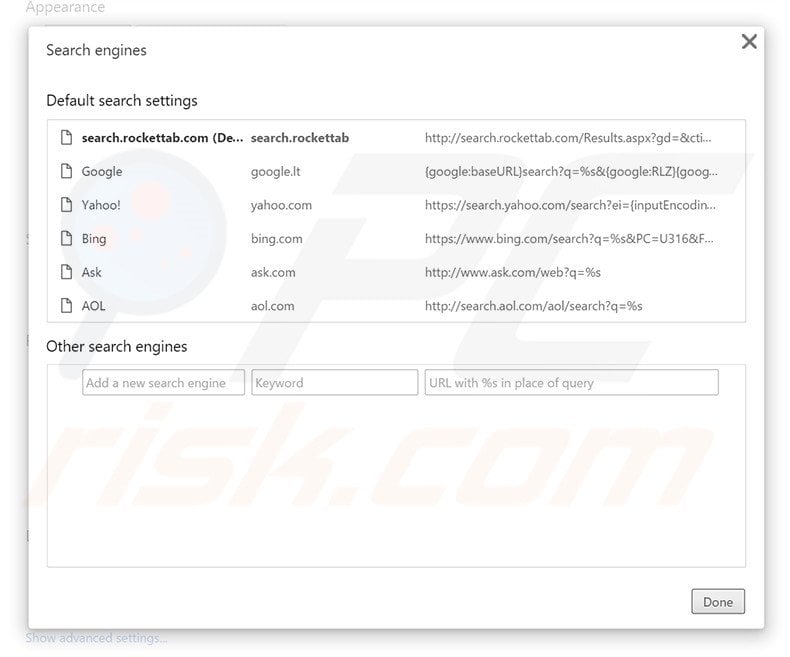 Removing search.rockettab.com from Google Chrome default search engine