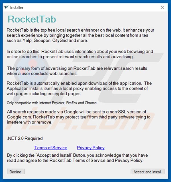 Official RocketTab browser hijacker installation setup