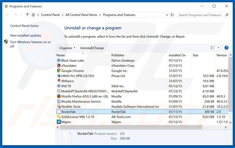 search.rockettab.com browser hijacker uninstall via Control Panel