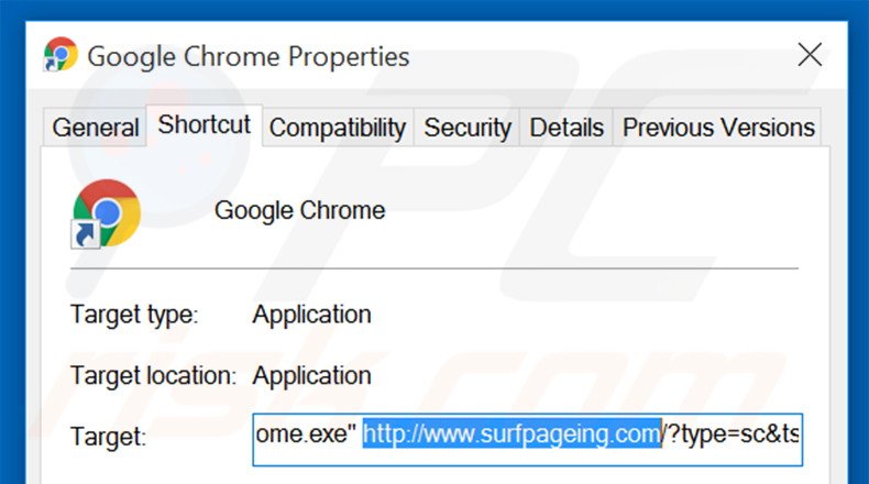 Removing surfpageing.com from Google Chrome shortcut target step 2