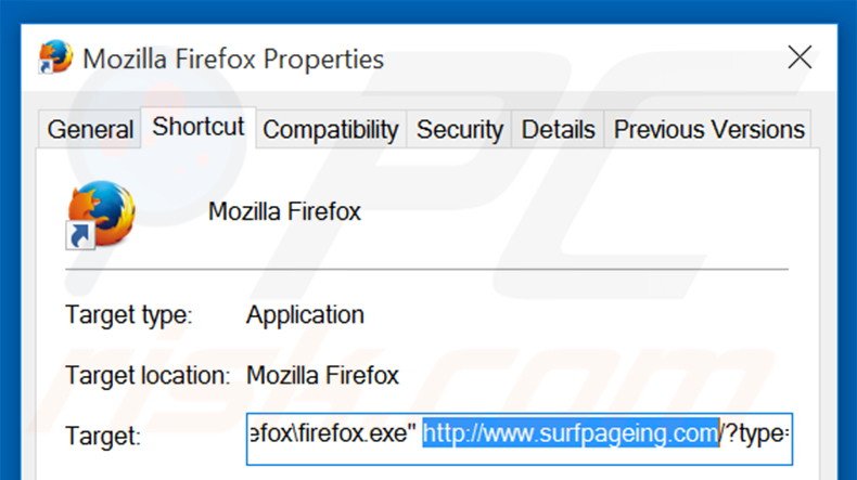 Removing surfpageing.com from Mozilla Firefox shortcut target step 2