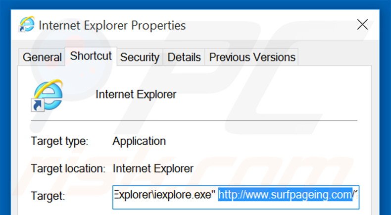 Removing surfpageing.com from Internet Explorer shortcut target step 2