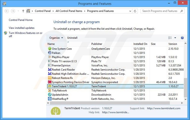 termtrident adware uninstall via Control Panel