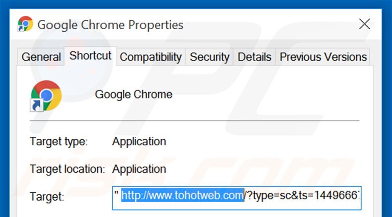 Removing tohotweb.com from Google Chrome shortcut target step 2