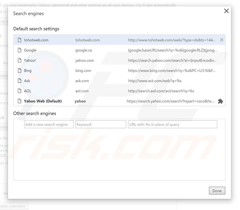 Removing tohotweb.com from Google Chrome default search engine