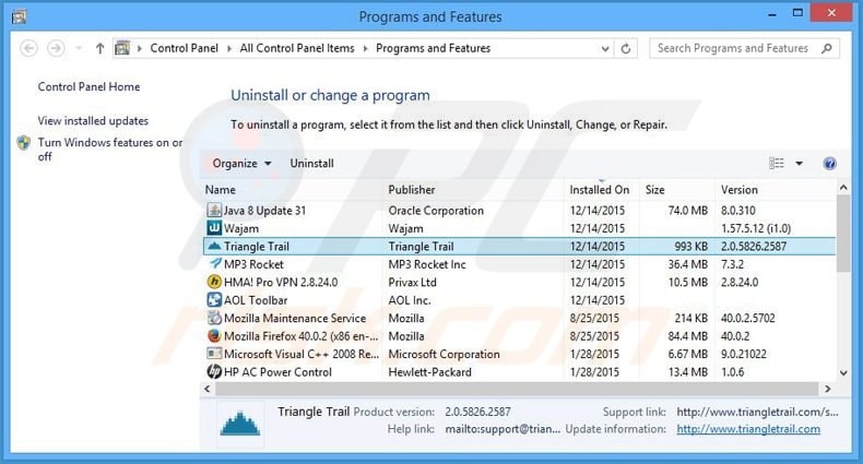 triangle trail adware uninstall via Control Panel