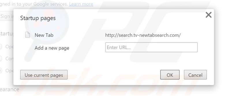 Removing search.tv-newtabsearch.com from Google Chrome homepage