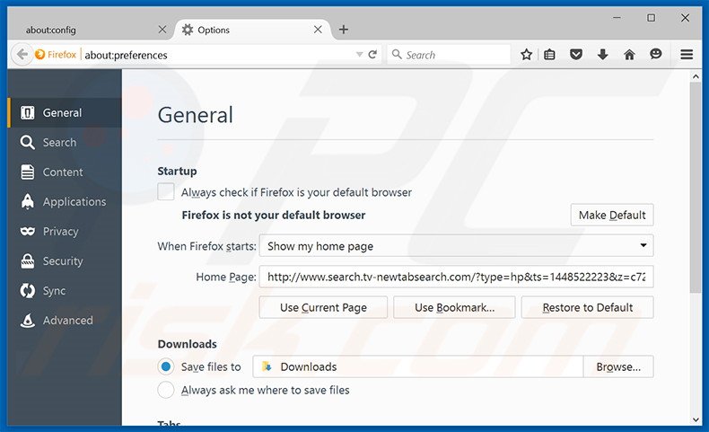 Removing search.tv-newtabsearch.com from Mozilla Firefox homepage