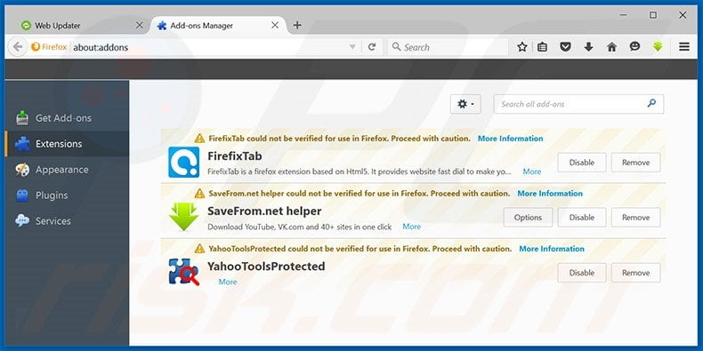 Removing Web Updater ads from Mozilla Firefox step 2
