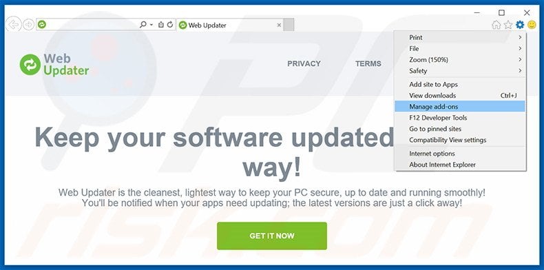 Removing Web Updater ads from Internet Explorer step 1